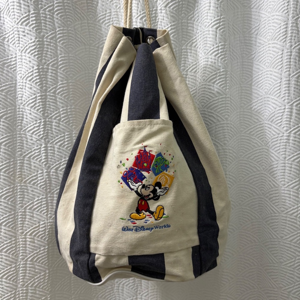 Disney World‎ Mickey Mouse Embroidered Drawstring Backpack Bag Striped Canvas